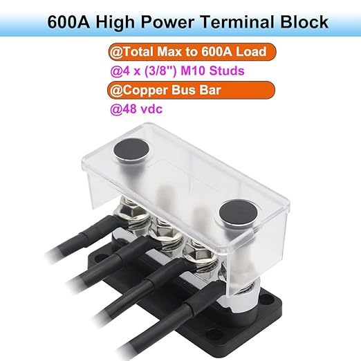 600A Bus Bar Copper 12V-48V, Heavy Duty Module 4 x 3/8" Posts Terminals Busbar Power Distribution Block, DC Battery Buss Bar M10 Negative Ground for RV Solar Car Boat Marine Truck, Black