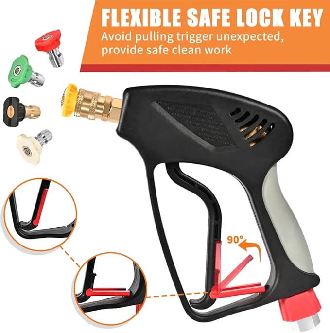 Pressure Washer Short Gun, 5000 PSI High Pressure, Trigger Handle and Professional 3/8" Swivel Quick Connect Plug, M22-14mm/15mm Fitting Adapter, 5 Spray Nozzle Tips with Holder