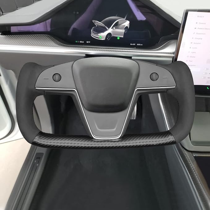 MEWANT Hand Stitch Black Matte PU Carbon Fiber Suede Steering Wheel Cover for Tesla Model S Yoke 2021-2023 Model X Yoke