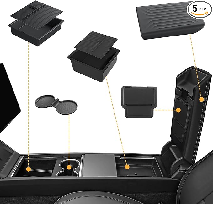 Center Console Organizer Tray for Tesla Model Y Juniper Accessories, Armrest Hidden Storage Box Cup Holder Armrest Cover for Tesla Model Y Juniper 2025 2026 5PCS