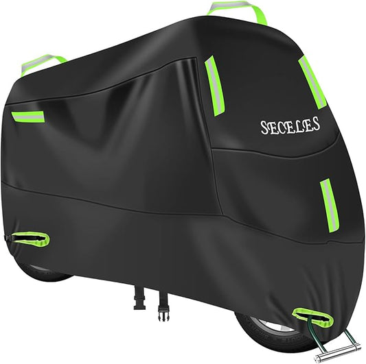 SECELES 300D Motorcycle Cover, Heavy Duty Durable Waterproof Outdoor All Season Protection Scooter Cover with 7 Reflective Strips and 2 Lock-Holes Accesorios para Motos (XXL: 86" x 37" x 50")