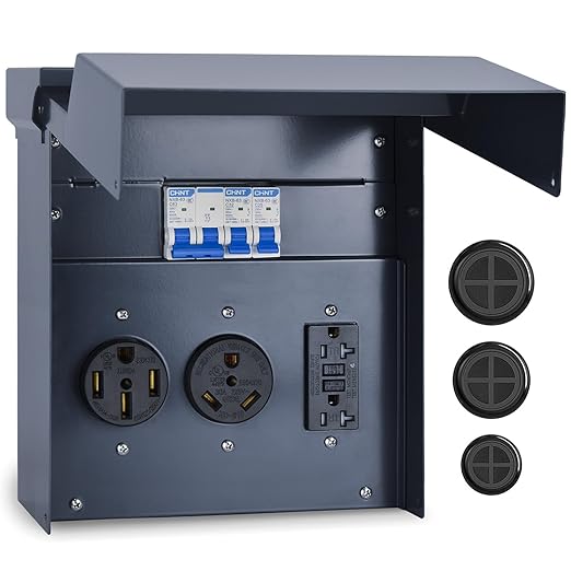 RV Electrical Panel with Breaker, Temporary Power RV Outlet Box, UL 50 30 20Amp Receptacles, Outdoor Weatherproof Metal Enclosure, Easy Setup for Campers, Travel Trailers, Mobile Homes (Blue)