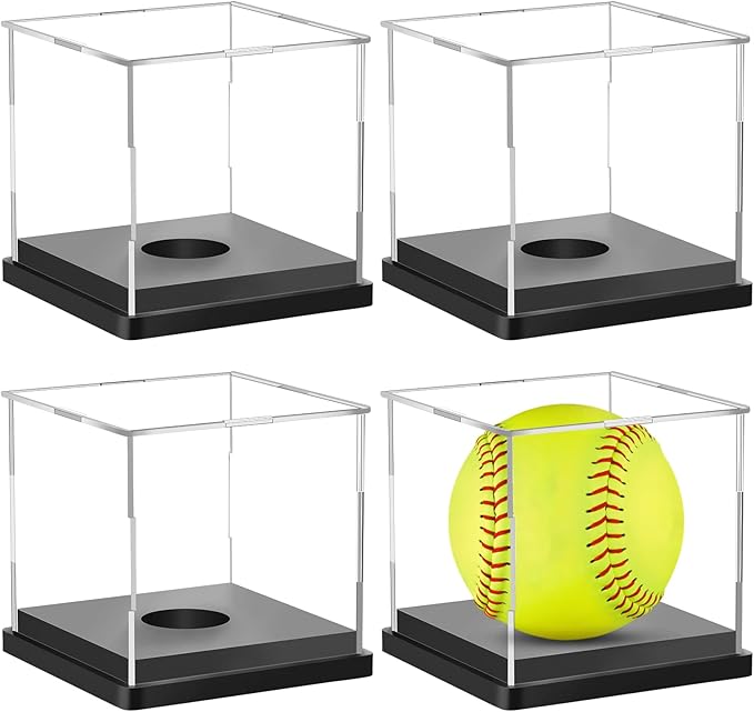 Hooqict 4 Pack Arcylic Softball Display Case Clear Softball Holder UV Protected Stand Championship Display Case Memorabilia Square Box for Golf Tennis Game Ball Baseball