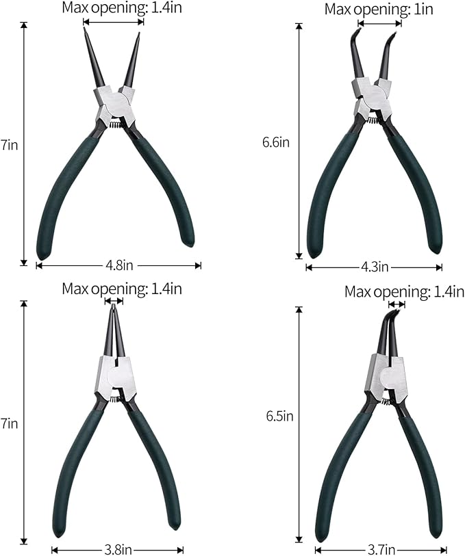 Snap Ring Pliers Set, 4pcs 7" Internal/External Circlip Pliers Kit with Straight/Bent Jaw, Heavy Duty Precision Spring Loaded Pliers for Ring Remover Retaining and Remove Hoses, Gaskets