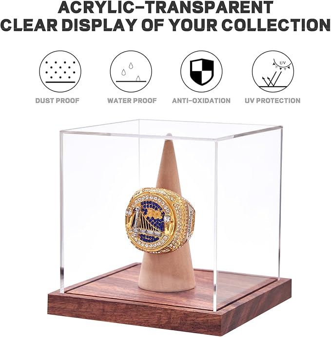 LITY Championship Ring Display Case, No Assembly Required Clear Acrylic Single Ring Holder with Wooden Stand Base for Sports Baseball Fan UV Protection(1 Pack)
