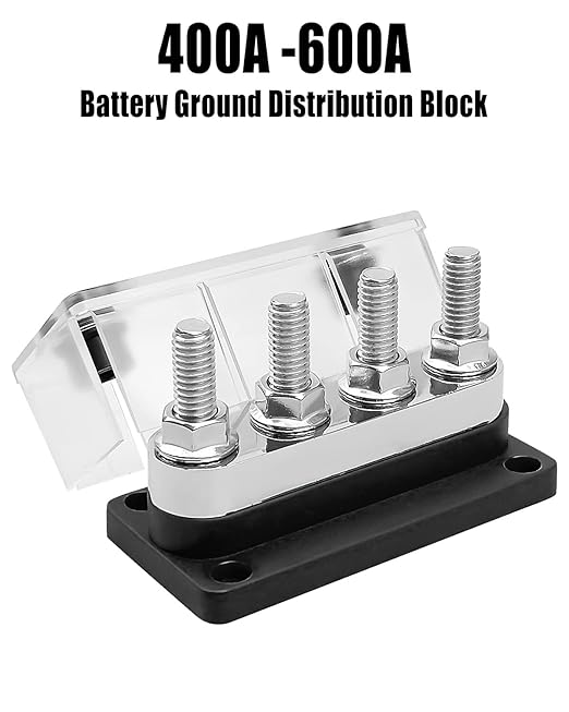 GMURA Heavy Duty Bus Bar 12-48V 600A Max, 4 M10 Studs (3/8") High Current Copper Busbar Terminal Block with Waterproof Cover, Marine Bus Bar Terminal Block Power Distribution Block, Black