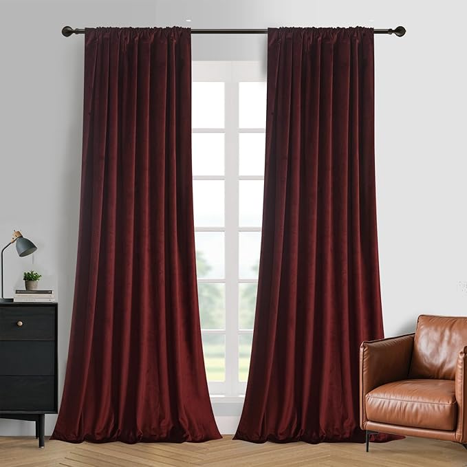 Roslynwood Luxury Soft Ruby Wine Velvet Curtains 72 inches Long Back Tab Thermal Insulated Blackout Window Drapes for Living Room/Bedroom/Dining Room, W52 x L72, 2 Panels