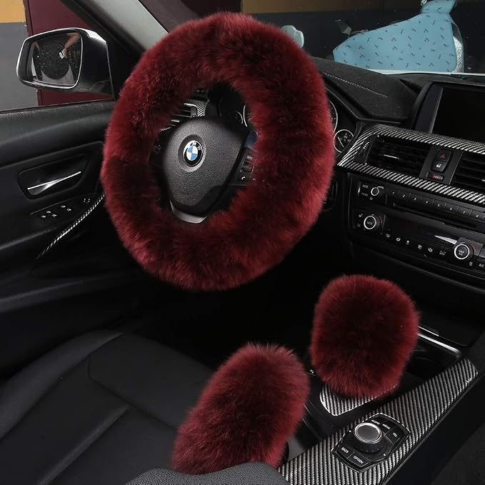 Fluffy Sheepskin Car Seat Cover, Steering Wheel Gear Shift Handbrake Cover for Auto Accessories
