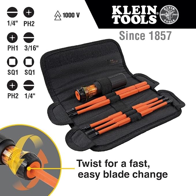 Klein Tools 66070 Impact Socket Set, Impact Driver Flip Socket, Five Sockets with 1/4-Inch Hex and 1/2-Inch Square Socket Adapters, 7-Piece