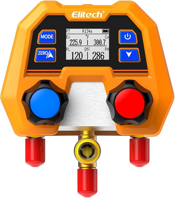 Elitech Digital Manifold Gauge for HVAC, Refrigeration & AC Systems - Supports R410A/R454B/R32/R134a etc. Refrigerants, Pressure & Temperature Measurement, 3 Port, LCD Display, DMG-2SE