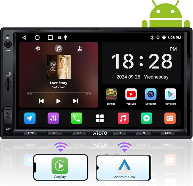 ATOTO A5L 7inch Android Double DIN Car Stereo, Wireless CarPlay&Android Auto, Wi-Fi/USB/BT Tethering, QLED Touch Screen Car CarPlay, DSP, MirrorLink, FM&SS Radio, HD LRV, HDMI Out, AI&GPS Tracking