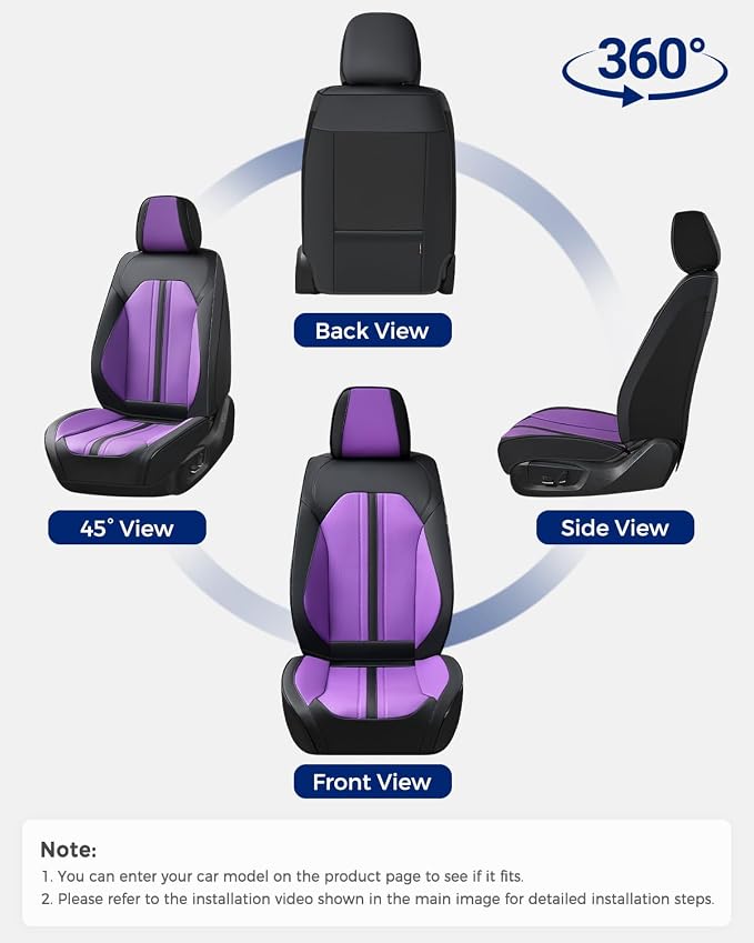 Huidasource Front Car Seat Cover, Luxury Faux Leather Leather Front Seat Covers, Compatible with Airbags, Seatbelt Buckles, Cooling＆Heating, Universal Fit for Most Cars Vans Trucks SUVs, Black＆Purple