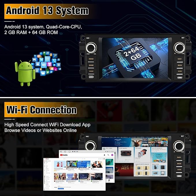 AWESAFE [2GB+64GB] Car Stereo for Jeep Wrangler JK 2007-2018 Dodge Ram 1500 2008-2012, Touch Screen Carplay Radio with WiFi GPS AM FM CarPlay Android Auto