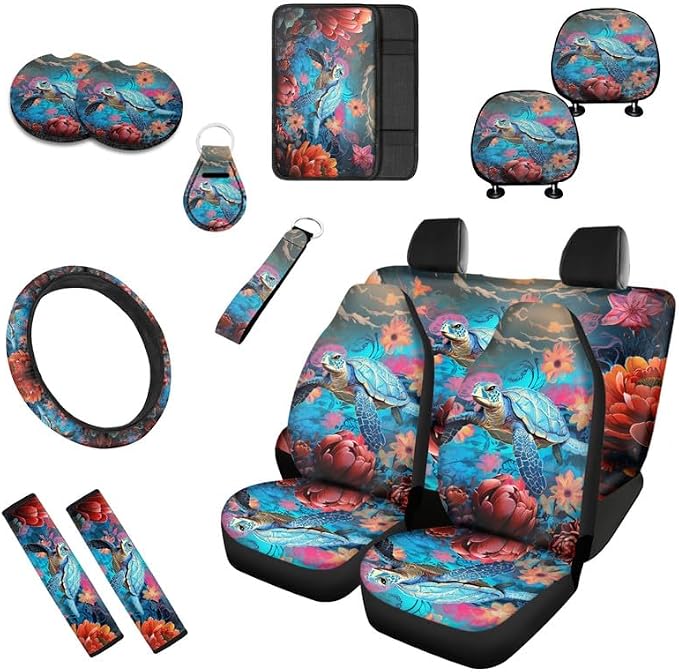 Sea Turtle 13 Pcs Car Seat Covers, Watercolor Floral Ocean Tortoise Universal Driver Seat Cover Protector Armrest Pad, Underwater Animal Steering Wheel Armrest Cover