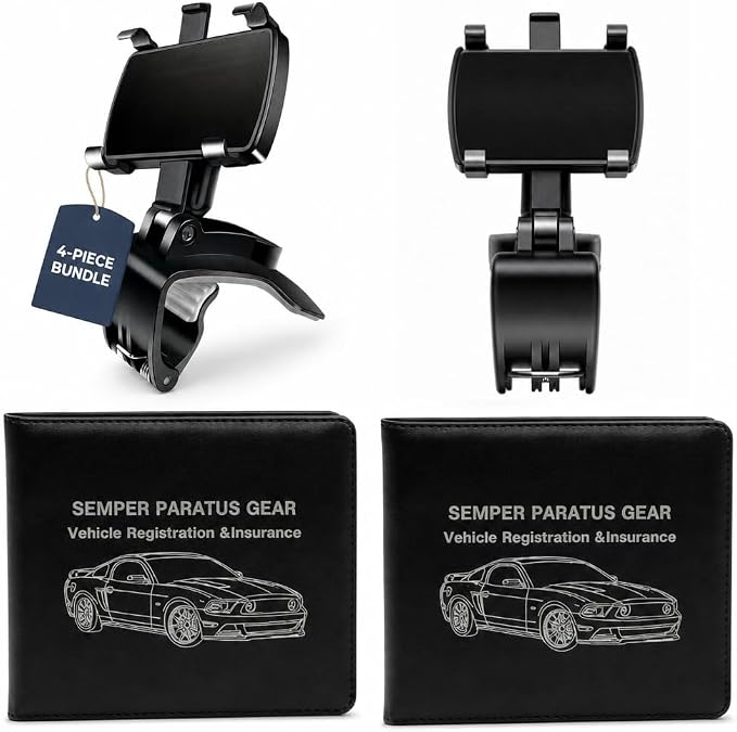 Semper Paratus Gear Car Accessory Bundle – Two Dashboard Phone Mounts & Two Vehicle Registration Holders – Anti-Slip HUD Cell Phone Clip with Vehicle Registration Document Organizer – 4-Pack Set