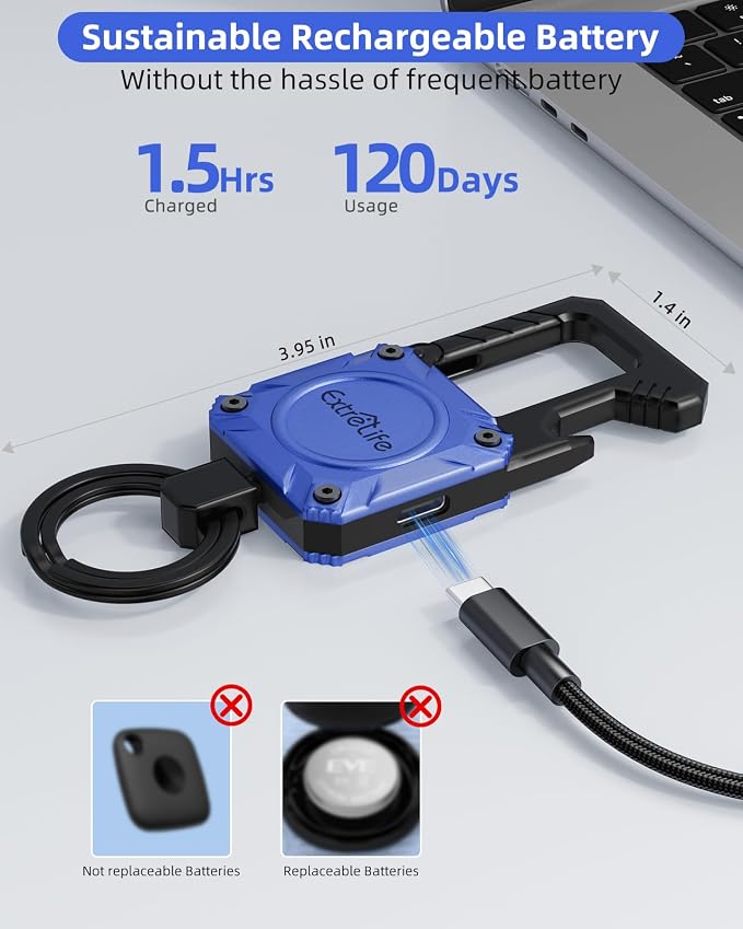 ExtreLife Keychain, Works with Apple Find My, Bottle Opener, Carabiner Car Key Chains with Gps Tracker