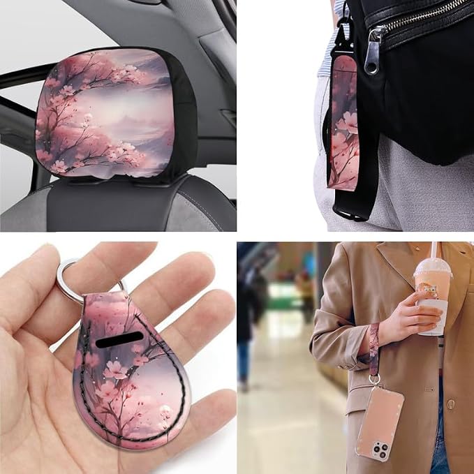 Cherry Blossom Hand Drawing Car Seat Cover Full Set 13 Pcs Front Back Seat Cover Pink Flower Art Painting Steering Wheel Cover,Seatbelt Pad Keychain Coaster
