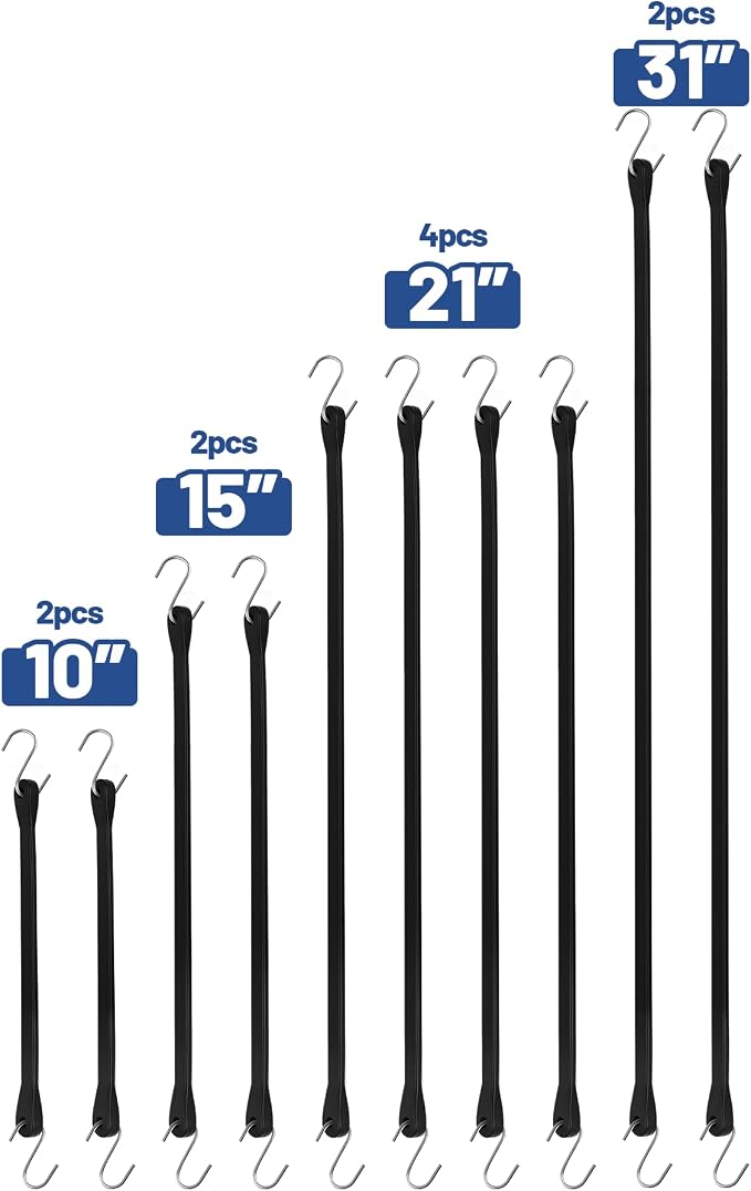 Bungee Cords with Hooks (10 Pack) – 10", 15", 21", 31" Heavy Duty EPDM Rubber Tarp Straps, Max Stretch 2X, Load 180+ LBS, Crimped S Hooks for Cargo, Trucks, Camping, Outdoor Use