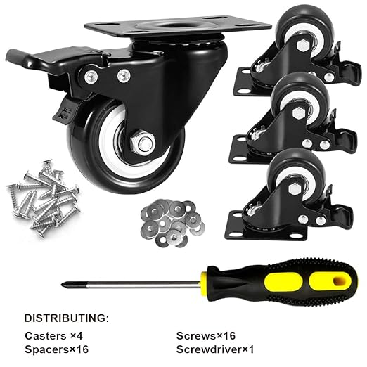 2" Caster Wheels Set of 4, Heavy Duty Casters with Brake, No Noise Locking Polyurethane (PU) Wheels, Swivel Plate Castors Pack 4