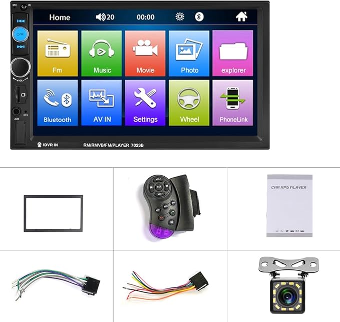 CAMECHO 7" Double Din Car Stereo Audio Bluetooth MP5 Player USB FM Multimedia Radio+ 4 LED Mini Backup Camera with Steering Wheel Remote Support Mobile Phone Synchronization (Used in Android/iOS)