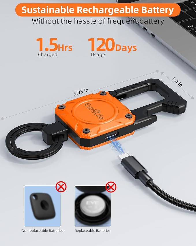 ExtreLife Keychain, Works with Apple Find My, Bottle Opener, Carabiner Car Key Chains with Gps Tracker