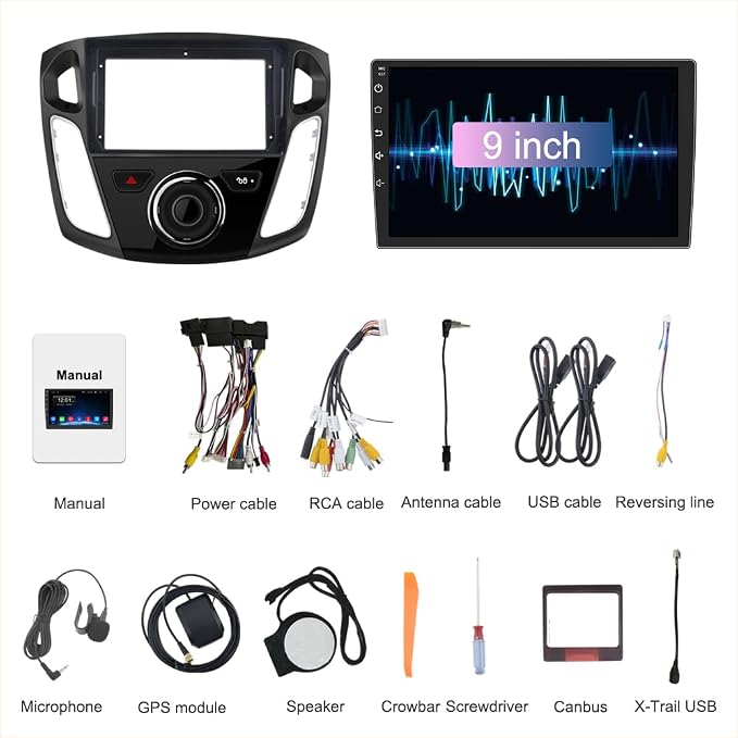 Car Radio for Ford Focus 2012-2017, 9 inch Touch Screen Android 15 Stereo with Bluetooth GPS Wireless CarPlay Andriod Auto [2GB+32GB]