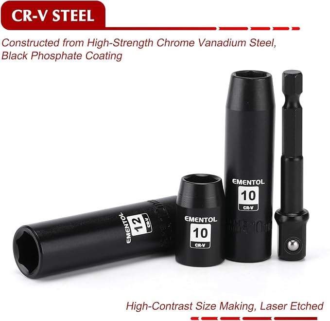 EMENTOL 3/8" Drive Impact Socket Set, 27PCS, Metric(7mm to 19mm), Deep and Shallow, 6 Point, Includes Drill Bit Adapter