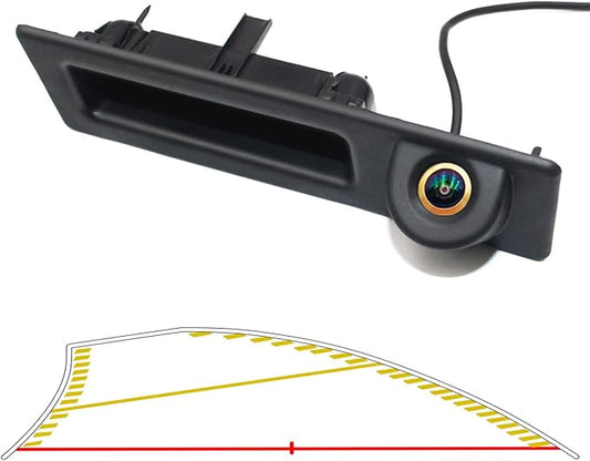 Vehicle Backup Camera CCD with Dynamic Trajectory Moving Guide Parking Line for BMW 3 5 Series X1 3 4 5 F07 F10 F11 F25 F26 F30 F34 Car Rear View Reverse Parking Fisheye Lens Car Trunk Handle Camera