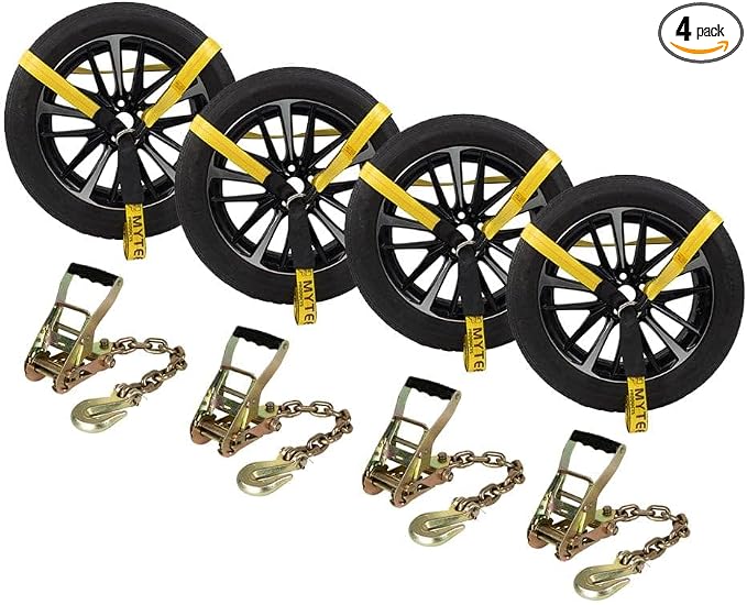 Mytee Products (4 Pack) 2" x12' Car Tie Down Ratchet Lasso Straps with Chain Anchor - 3, 333 LBS WLL - Car Hauler Tire Straps for Trailers - Tie Down for UTV, Trucks, ATV