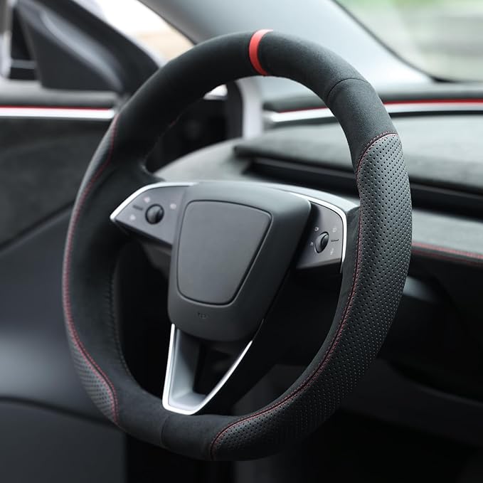 MEWANT Hand Stitched Steering Wheel Cover for 2024 2025 2026 Tesla Model 3 Highland 2025 2026 Model Y Juniper Black Suede Genuine Leather Custom Fit DIY Wrap Interior Accessories