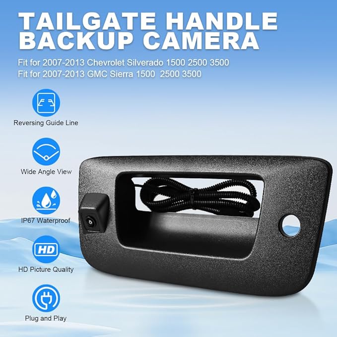 Rear Tailgate Handle Backup Camera Compatible with 2007-2013 Chevy Silverado/GMC Sierra 1500 2500HD 3500HD Tailgate Reversing View Park Assist Camera Replaces 22755304 180°Wide Angle