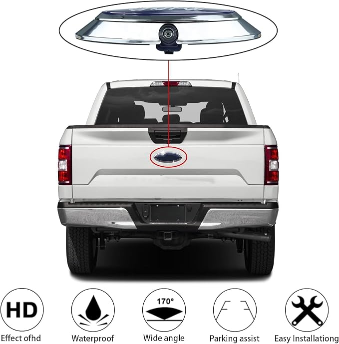 Tailgate Emblem Backup Camera Rear View Back Up Camera Kit Compatible with F-150 2011-2014 Reversing Parking Assist Camera Repalcement Kit AL3Z-19H511-A,BL3Z-19G490-B
