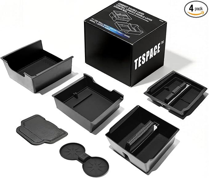 4-Piece Dual-Layer Center Console & Armrest Storage Box for 2024-2026 Tesla Model 3 Highland / 2025-2026 Model Y Juniper, Sliding/Lift-Up, Premium ABS, Tool-Free