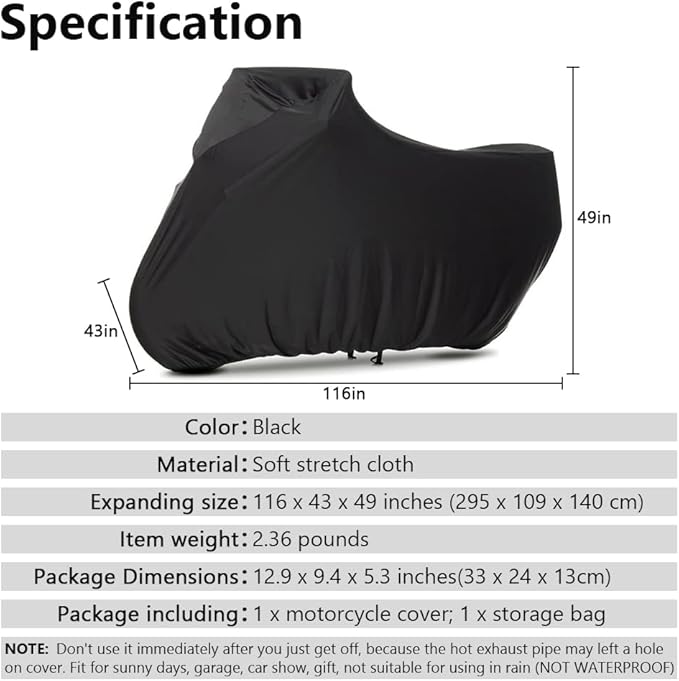Indoor Motorcycle Cover Soft Stretch Dustproof Cover Compatible with All Motor, 116 inches