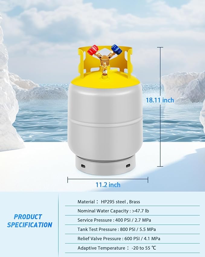 FAHKNS 50 LB Refrigerant Recovery Tank for R12, R22, R134A, R410A Reusable Recovery Cylinder Tank 1/4 SAE Y-Valve Recovery Can Without Float Switch for Tank AC Freon Recovery Tank Cylinder Tank
