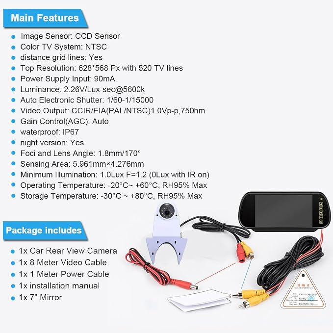Universal Camera Car Top Mount Rear View Reverse Parking Camera,Replacement for Citroen Berlingo Jumper Jumpy Nemo Dacia Dokker Van Navara HD All RV Models(White Camera with 7 inch Rear View Mirror)