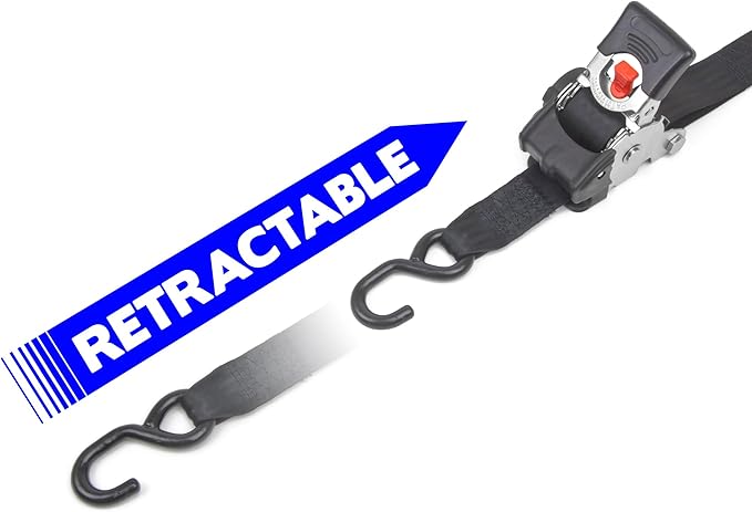 PowerTye *New* 2 inch x 10ft Long Retractable Ratchet Tie Down Strap with S-Hooks - Self-Retracting Ratchet, 800 lb W.L.L., Ideal for Motorcycle, ATV, Cargo, Includes Storage Bag, Black (Pair)