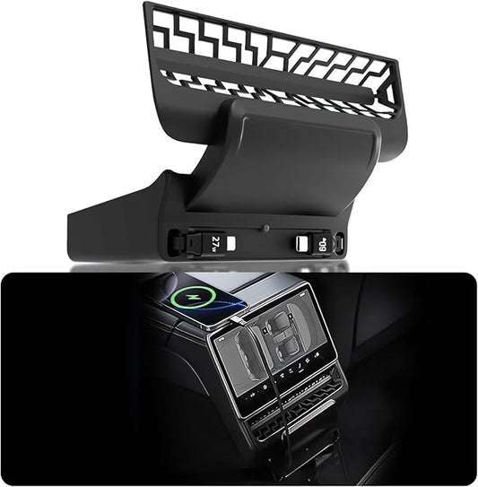 USB Hub for Tesla Model Y Juniper 2025 2026 Model 3 Highland 2024 2025, 87W Multi Port Center Console Fast Charger Rear Vent Air Outlet Expansion Cover Docking Station with Retractable Cables