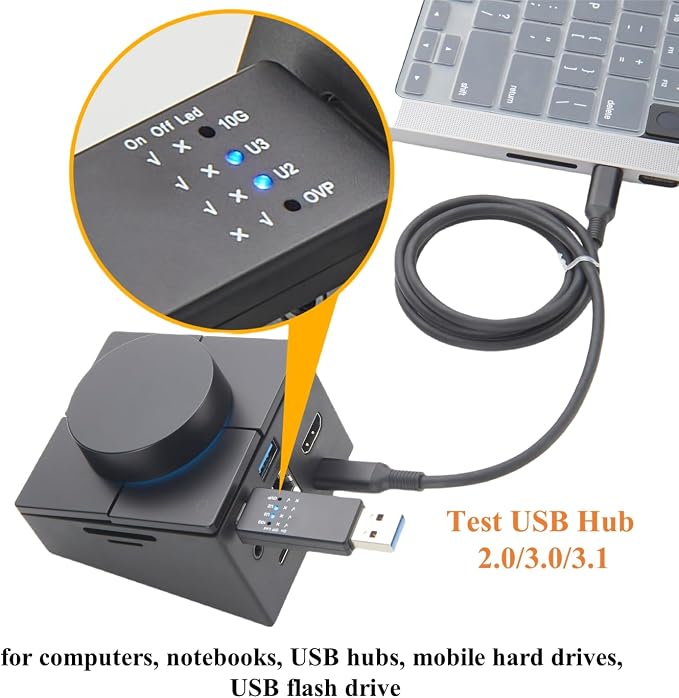 USB 10G Tester USB Type C 3.1/3.0/2.0 Hub Speed Voltage Test Tool Detection Trigger USB Port Analyzer with LED for Port Functionality QC Inspection (1PCS)