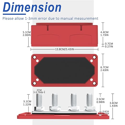 Heavy Duty Bus Bar 300A 12V Power Distribution Block with 3/8" (M10) 4-Posts Terminals Block with Cover for Automotive, Marine, Battery System (Red)