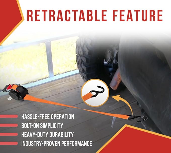 Mytee Products 4 Pack 1''x10' Bolt on Orange Retractable Ratchet Straps for Cargo - Coated S Hook Auto Retract Ratchet Straps - Self Ratcheting Strap for Boat Tie Down to Trailer & Jet Ski, ATVs