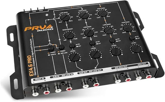 PRV Audio Crossover Car Audio EX4.6 PRO 4 Way or 3 Way Electronic Crossover 9 Volts, 4 in 6 Out RCA Channels Car Sound Processor - EX4.6PRO