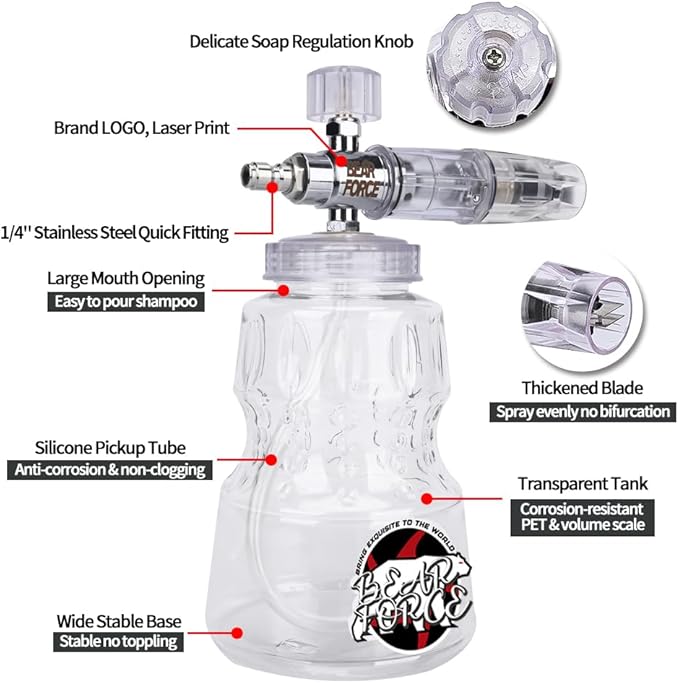 Bear Force High Pressure Washer Gun 3000 PSI Max, Power Washer Short Gun M22-14mm, Pressure Washer Aluminium Foam Cannon with 1/4 Inch Quick Connector