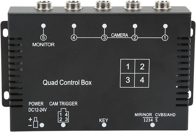 Rearview Camera Control Box, 4 Channel Video Splitter 1080P AHD DC12V 24V Camera Video Screen Switch for RV Truck Bus Trailer