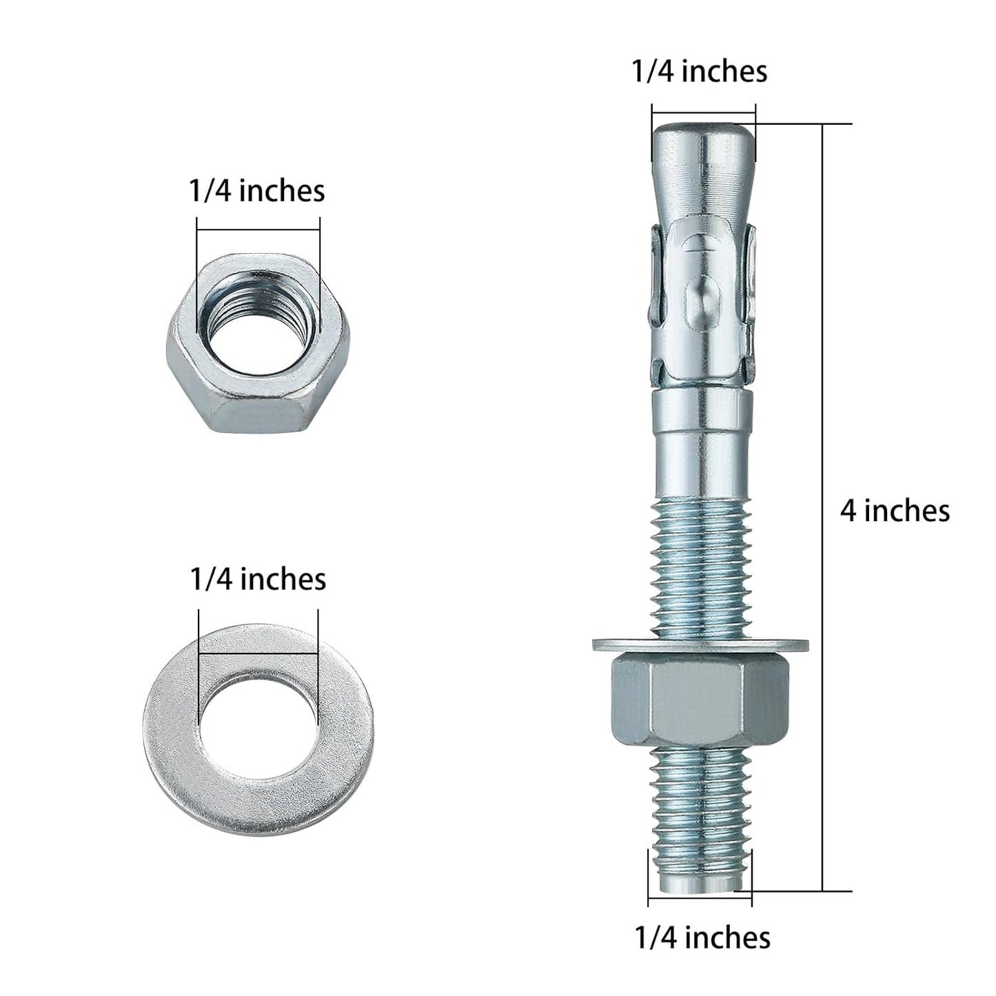 1/4x4" 100Pcs Inch Standard Fasteners for Heavy-Duty Zinc Wedge Anchors for Cement and Concrete