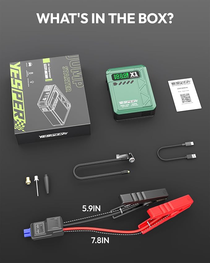 YESPER Jump Starter with Air Compressor 2000A 150PSI Battery Jumper Starter Portable(8L Gas/6L Diesel), 12V Car Jump Pack Battery Charger Jump Box with Jumper Cables, LCD Display, Lights
