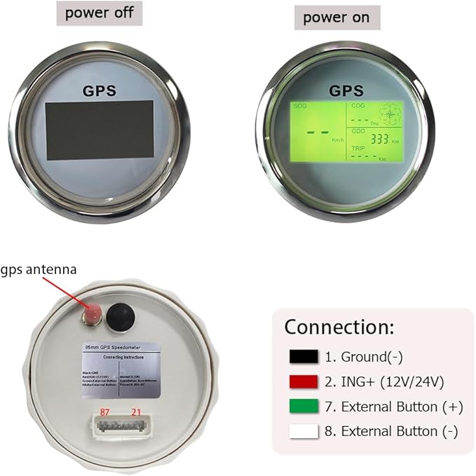 85mm 3 3/8" Boat Waterproof Digital GPS Speedometer MPH KM/H ODO COG Trip with 7 Backlights 12VDC 24V for Motorbike Boat Truck Racing Car (White&Silver)