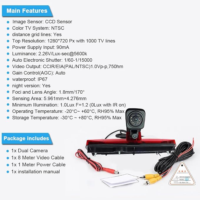 HD Auto Transporter Caravan Van Brake Light Roof Rear View Reversing Backup Dual-Lens Camera with Angle Adjustable Compatible with Ford Transit Connect 2/XL Cargo Titanium Passenger Wagon SUV MPV Bus