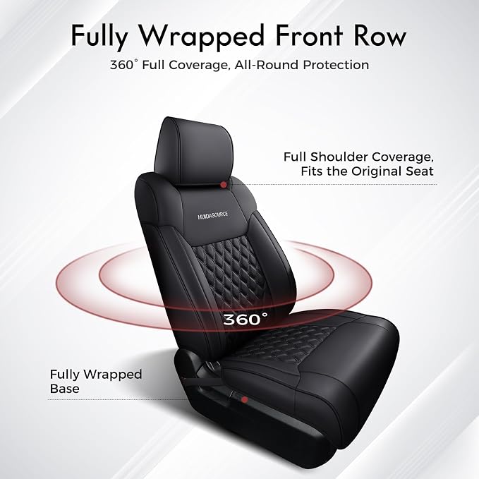 Huidasource Tundra Front Seat Covers, Full Coverage Automotive Black Leather Car Seat Cushion Cover Custom Fit for 2014-2021 Toyota Tundra CrewMax Pickup Truck (Front Pair/Black)