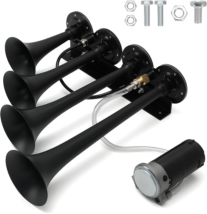 PTNHZ Single Row 4 Trumpet Air Horns Kit w/Air Compressor (No Wiring Harness & Button Switch) 12/24V Super Loud 178dB Universal for Pickup Car Jeep SUV Train Boat(Black)